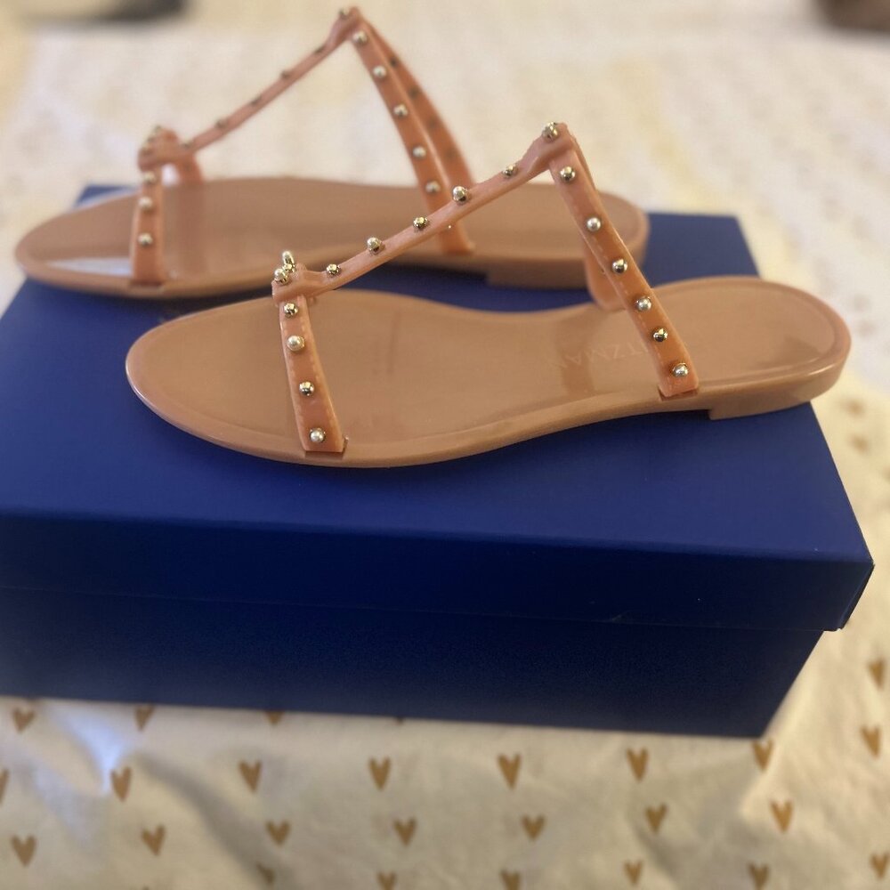 Stuart Weitzman Pearl and Gem Studded Jelly Flat Sandals - Nude